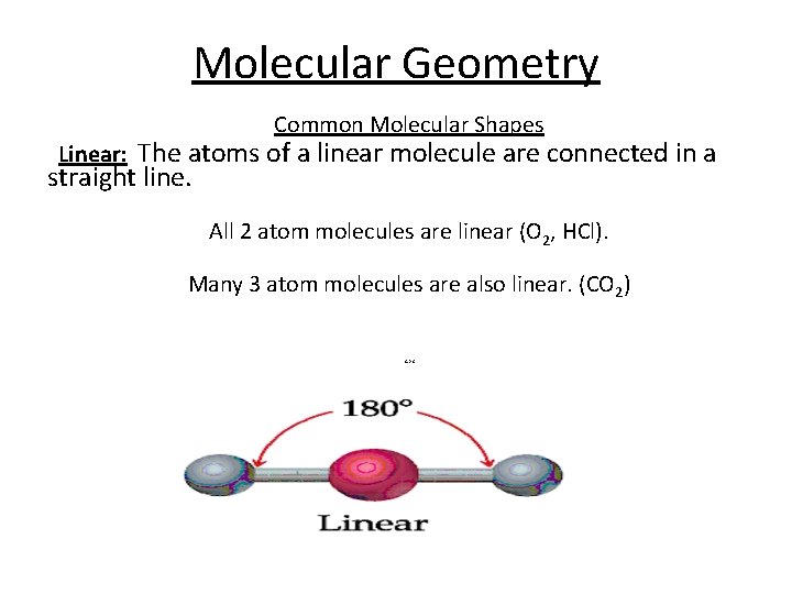 Molecular Geometry Common Molecular Shapes Linear: The atoms of a linear molecule are connected