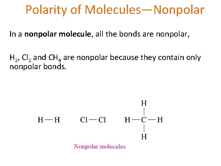 Polarity of Molecules—Nonpolar In a nonpolar molecule, all the bonds are nonpolar, H 2,