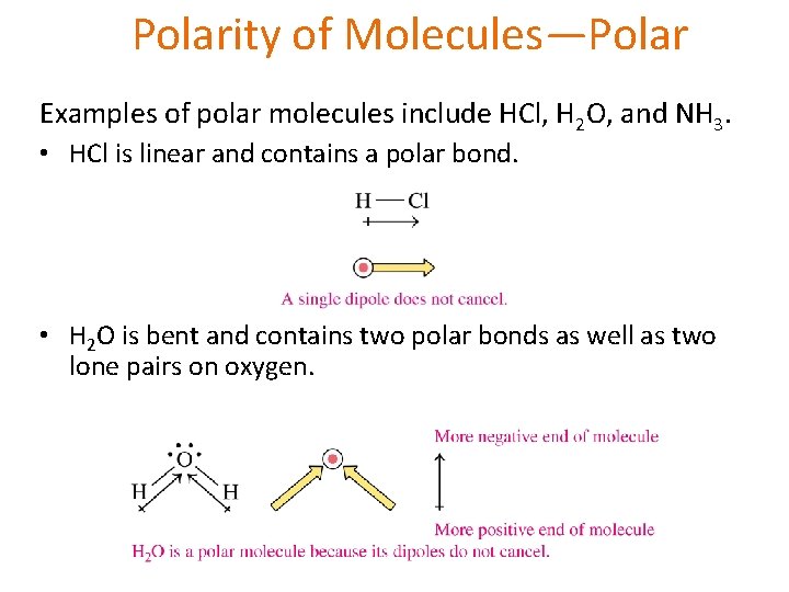 Polarity of Molecules—Polar Examples of polar molecules include HCl, H 2 O, and NH