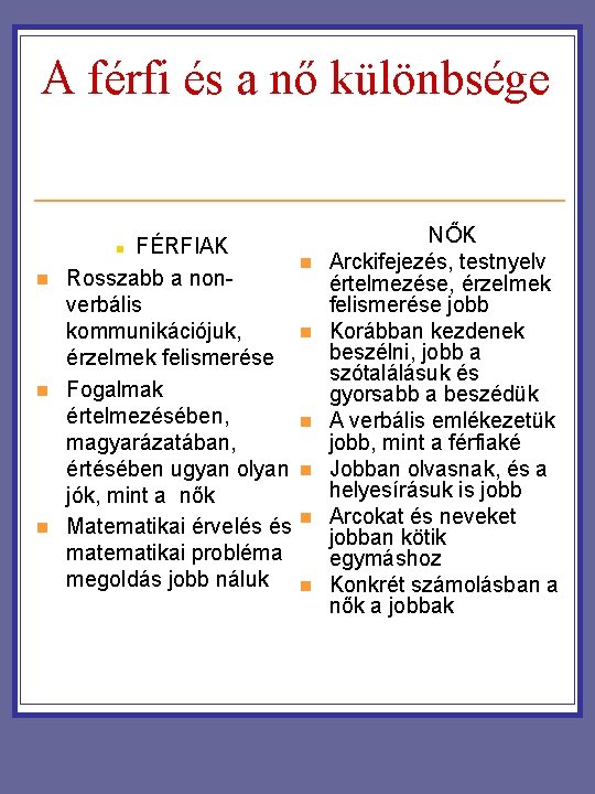 A férfi és a nő különbsége FÉRFIAK Rosszabb a nonverbális kommunikációjuk, érzelmek felismerése Fogalmak A férfi és a nő különbsége FÉRFIAK Rosszabb a nonverbális kommunikációjuk, érzelmek felismerése Fogalmak