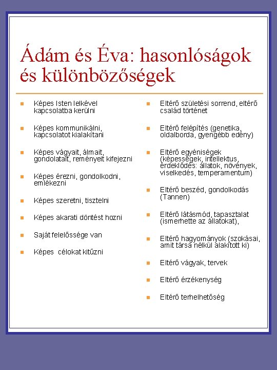 Ádám és Éva: hasonlóságok és különbözőségek n Képes Isten lelkével kapcsolatba kerülni n Eltérő Ádám és Éva: hasonlóságok és különbözőségek n Képes Isten lelkével kapcsolatba kerülni n Eltérő