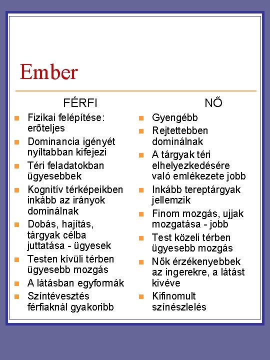 Ember FÉRFI n n n n Fizikai felépítése: erőteljes Dominancia igényét nyíltabban kifejezi Téri Ember FÉRFI n n n n Fizikai felépítése: erőteljes Dominancia igényét nyíltabban kifejezi Téri