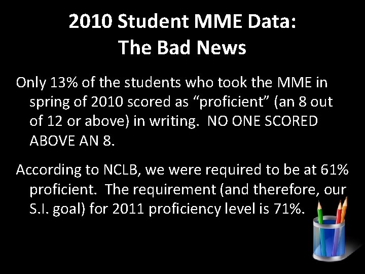 2010 Student MME Data: The Bad News Only 13% of the students who took