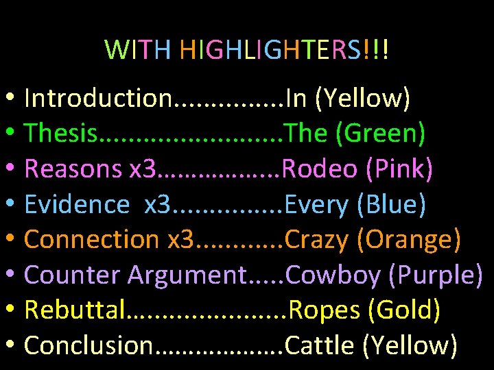 WITH HIGHLIGHTERS!!! • Introduction. . . . In (Yellow) • Thesis. . . The