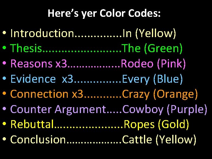 Here’s yer Color Codes: • Introduction. . . . In (Yellow) • Thesis. .