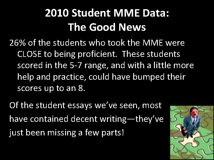 2010 Student MME Data: The Good News 26% of the students who took the