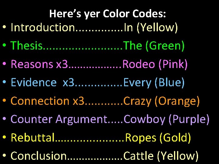 Here’s yer Color Codes: • Introduction. . . . In (Yellow) • Thesis. .