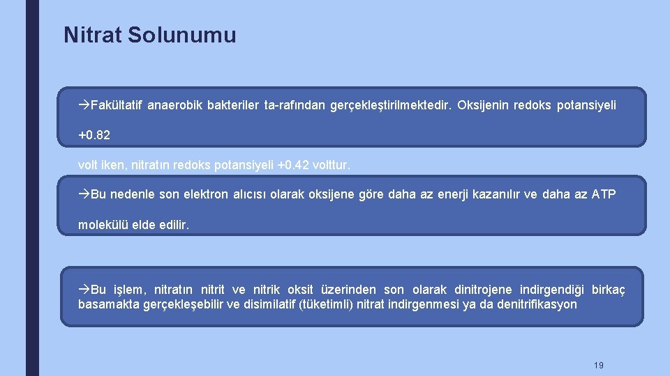 Nitrat Solunumu Fakültatif anaerobik bakteriler ta-rafından gerçekleştirilmektedir. Oksijenin redoks potansiyeli +0. 82 volt iken,