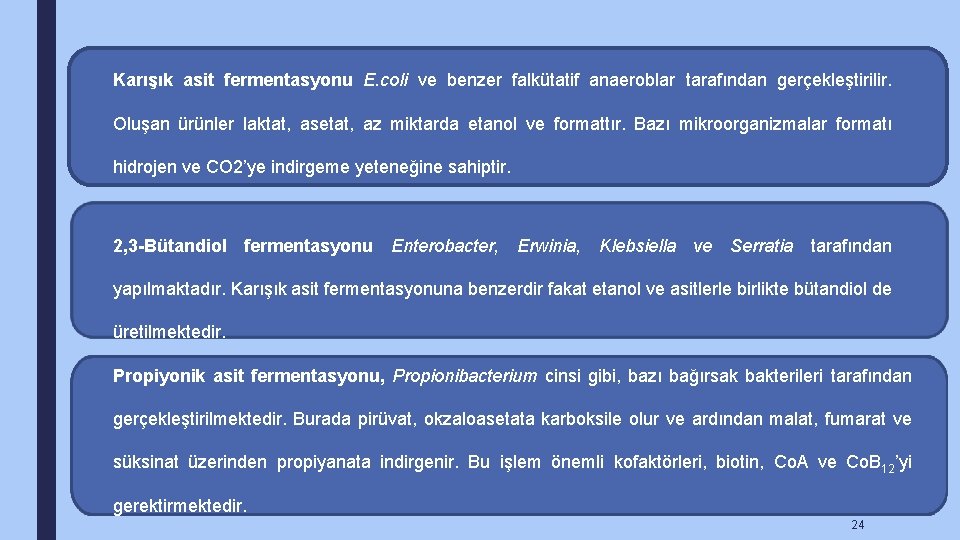 Karışık asit fermentasyonu E. coli ve benzer falkütatif anaeroblar tarafından gerçekleştirilir. Oluşan ürünler laktat,