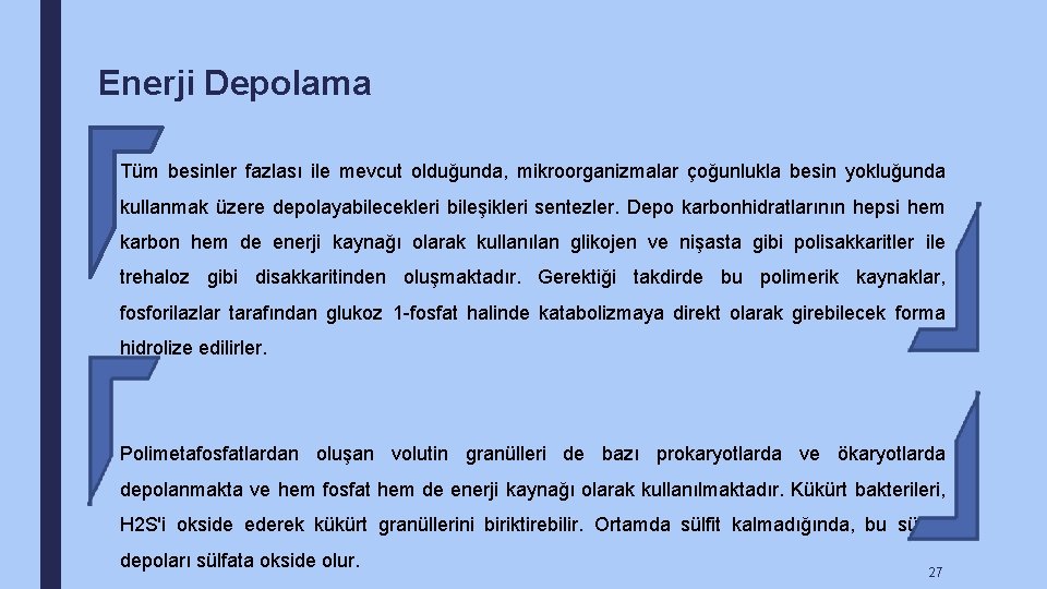 Enerji Depolama Tüm besinler fazlası ile mevcut olduğunda, mikroorganizmalar çoğunlukla besin yokluğunda kullanmak üzere