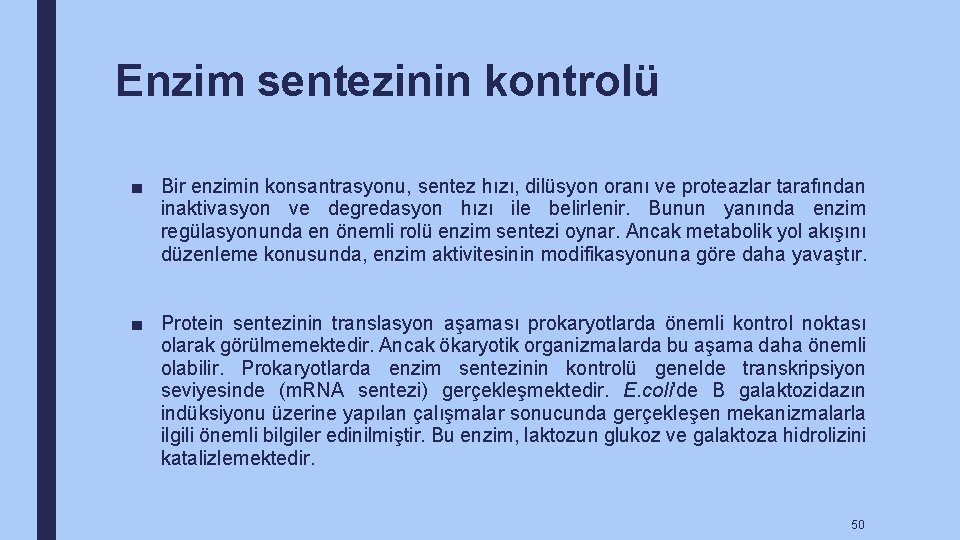 Enzim sentezinin kontrolü ■ Bir enzimin konsantrasyonu, sentez hızı, dilüsyon oranı ve proteazlar tarafından