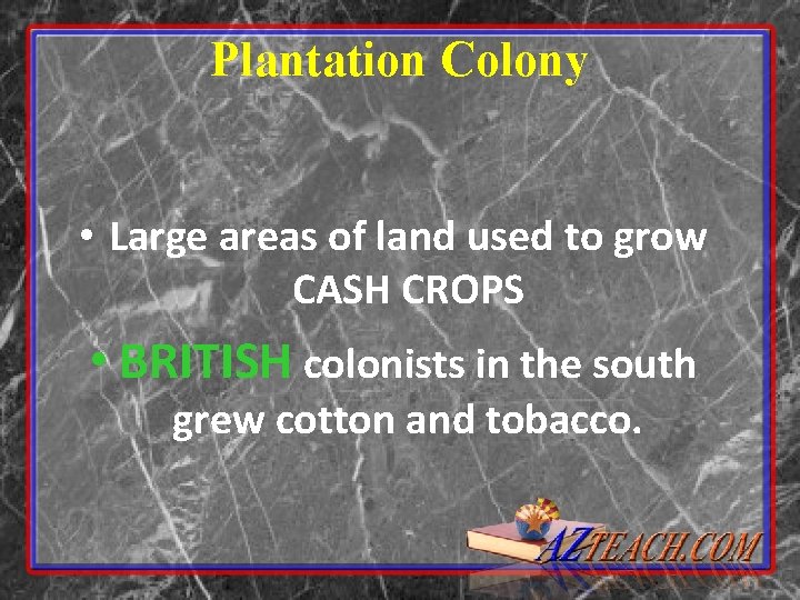 Plantation Colony • Large areas of land used to grow CASH CROPS • BRITISH