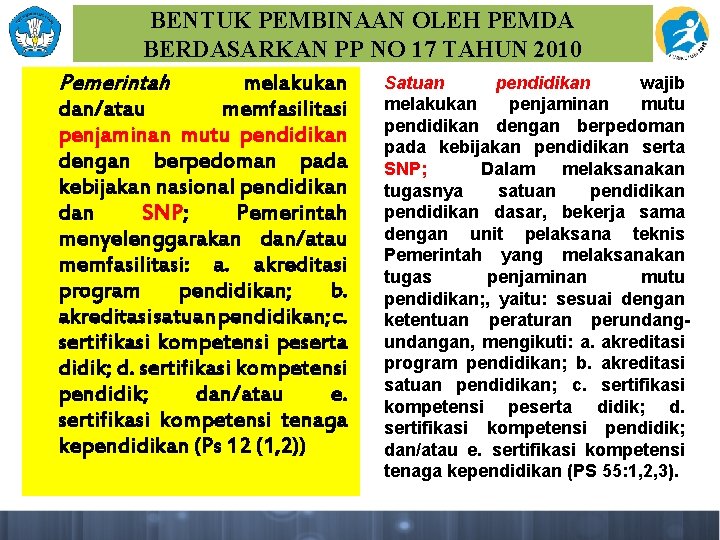 BENTUK PEMBINAAN OLEH PEMDA BERDASARKAN PP NO 17 TAHUN 2010 Satuan pendidikan wajib Pemerintah