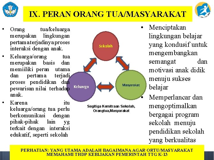 IX. PERAN ORANG TUA/MASYARAKAT • Orang tua/keluarga merupakan lingkungan pertama terjadinya proses interaksi dengan