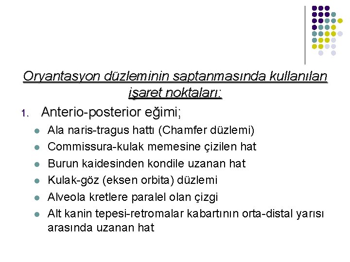 Oryantasyon düzleminin saptanmasında kullanılan işaret noktaları: 1. Anterio-posterior eğimi; l l l Ala naris-tragus