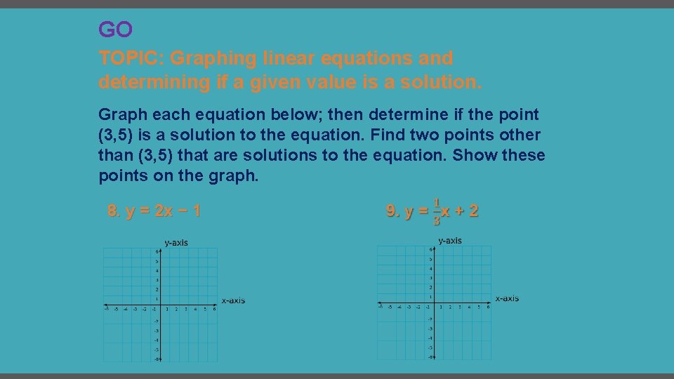 GO TOPIC: Graphing linear equations and determining if a given value is a solution.