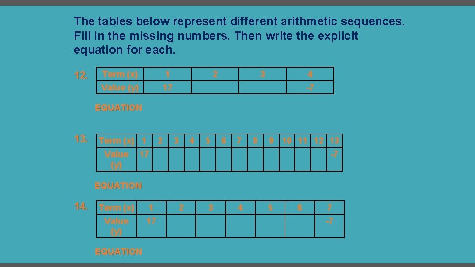 The tables below represent different arithmetic sequences. Fill in the missing numbers. Then write