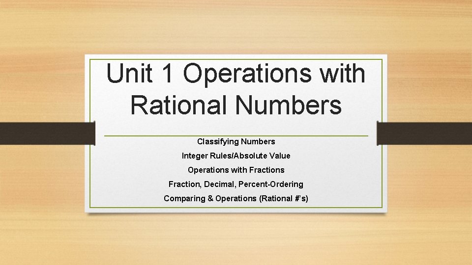 Unit 1 Operations with Rational Numbers Classifying Numbers Integer Rules/Absolute Value Operations with Fractions