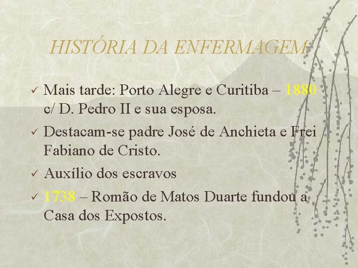 HISTÓRIA DA ENFERMAGEM ü ü Mais tarde: Porto Alegre e Curitiba – 1880 c/