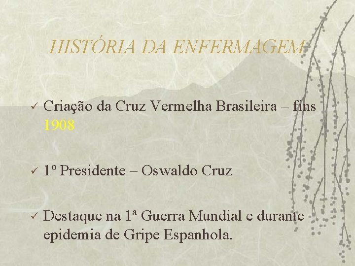 HISTÓRIA DA ENFERMAGEM ü Criação da Cruz Vermelha Brasileira – fins 1908 ü 1º