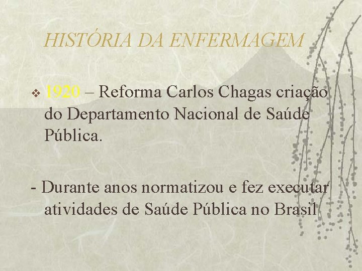 HISTÓRIA DA ENFERMAGEM v 1920 – Reforma Carlos Chagas criação do Departamento Nacional de
