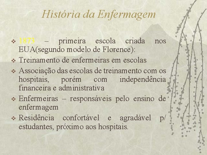 História da Enfermagem v v v 1873 – primeira escola criada nos EUA(segundo modelo