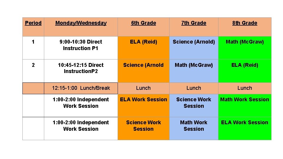 Period Monday/Wednesday 6 th Grade 7 th Grade 8 th Grade 1 9: 00