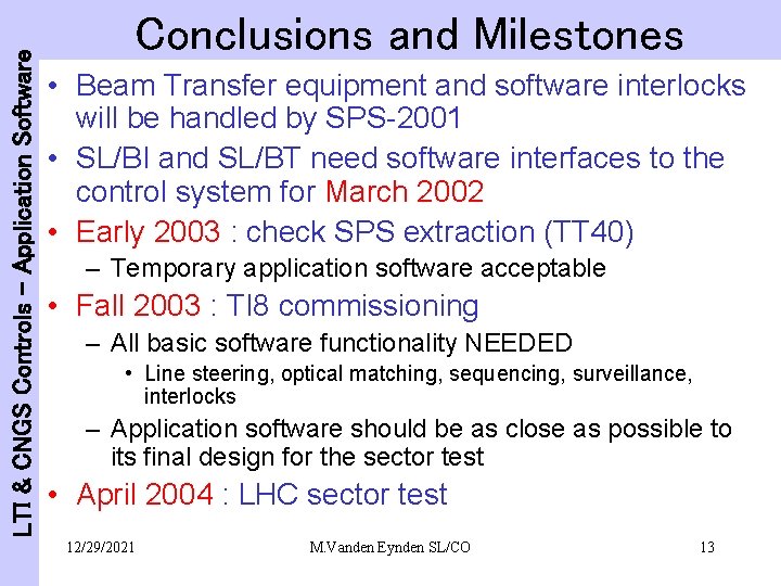 LTI & CNGS Controls - Application Software Conclusions and Milestones • Beam Transfer equipment