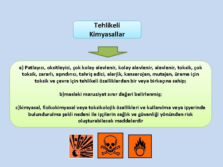 Tehlikeli Kimyasallar a) Patlayıcı, oksitleyici, çok kolay alevlenir, toksik, çok toksik, zararlı, aşındırıcı, tahriş