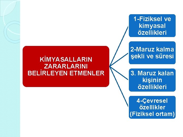 1 -Fiziksel ve kimyasal özellikleri KİMYASALLARIN ZARARLARINI BELİRLEYEN ETMENLER 2 -Maruz kalma şekli ve