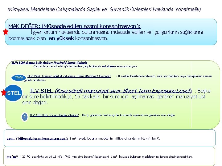 (Kimyasal Maddelerle Çalışmalarda Sağlık ve Güvenlik Önlemleri Hakkında Yönetmelik) MAK DEĞER: (Müsaade edilen azami