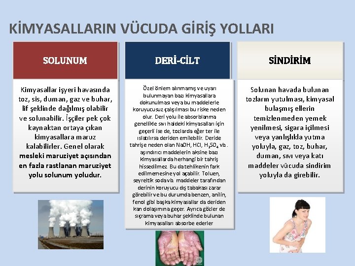 KİMYASALLARIN VÜCUDA GİRİŞ YOLLARI SOLUNUM DERİ-CİLT SİNDİRİM Kimyasallar işyeri havasında toz, sis, duman, gaz