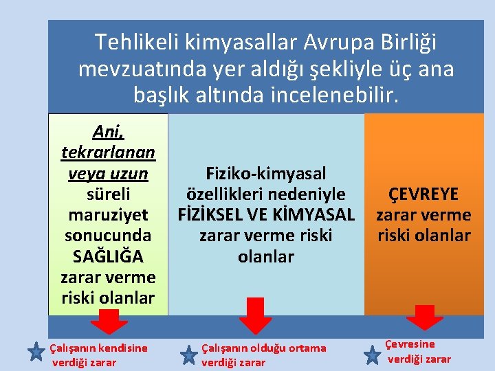 Tehlikeli kimyasallar Avrupa Birliği mevzuatında yer aldığı şekliyle üç ana başlık altında incelenebilir. Ani,