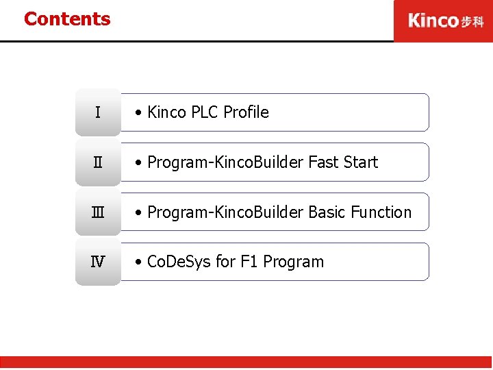 Contents Ⅰ • Kinco PLC Profile Ⅱ • Program-Kinco. Builder Fast Start Ⅲ •
