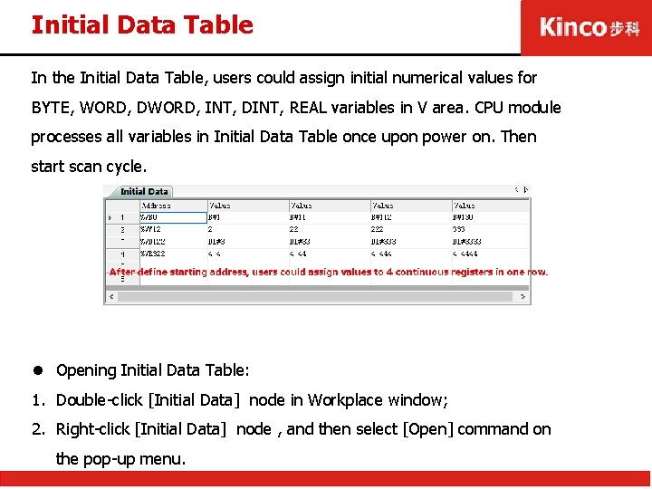 Initial Data Table In the Initial Data Table, users could assign initial numerical values