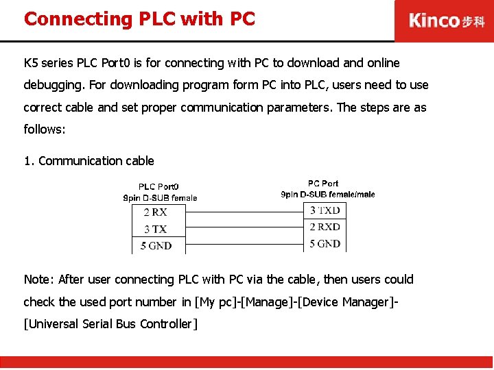 Connecting PLC with PC K 5 series PLC Port 0 is for connecting with