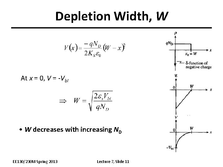 Depletion Width, W At x = 0, V = -Vbi • W decreases with