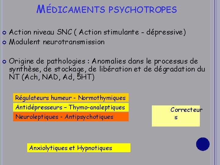 MÉDICAMENTS PSYCHOTROPES Action niveau SNC ( Action stimulante - dépressive) Modulent neurotransmission Origine de