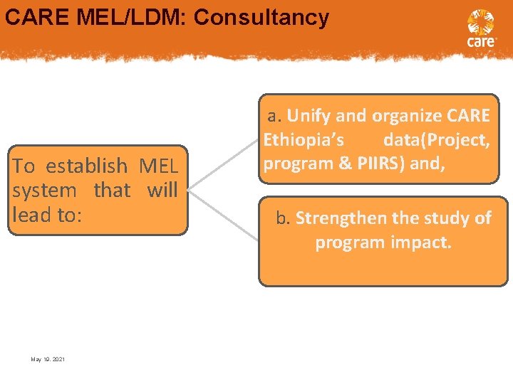 CARE MEL/LDM: Consultancy To establish MEL system that will lead to: May 19, 2021