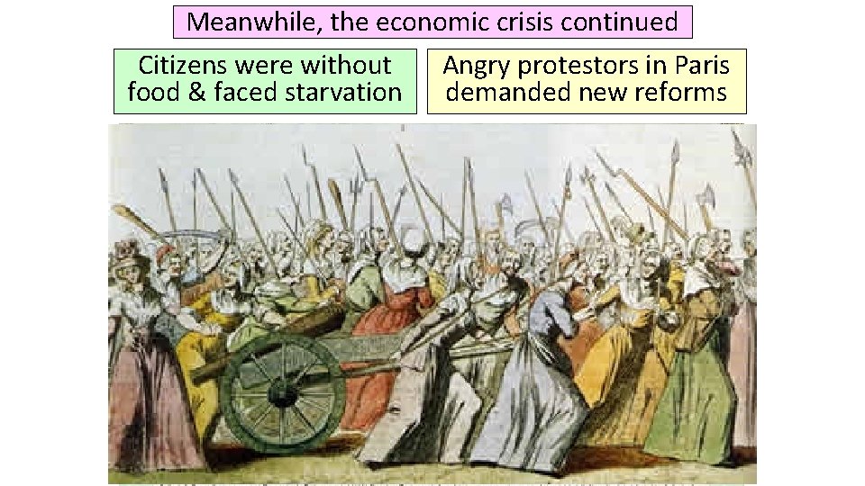 Meanwhile, the economic crisis continued Citizens were without Angry protestors in Paris food &