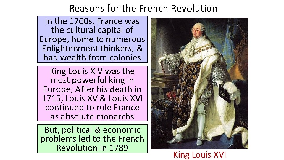 Reasons for the French Revolution In the 1700 s, France was the cultural capital