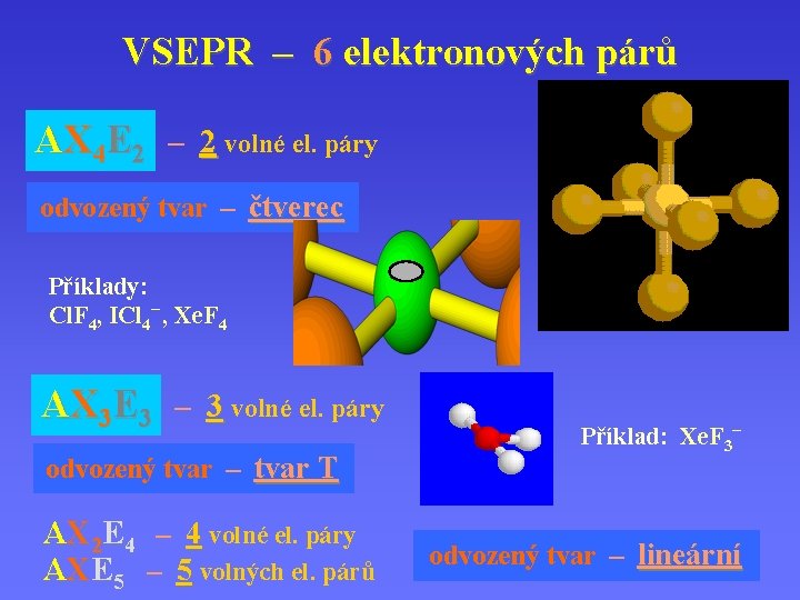 VSEPR – 6 elektronových párů AX 4 E 2 – 2 volné el. páry