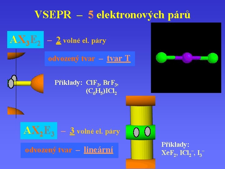VSEPR – 5 elektronových párů AX 3 E 2 – 2 volné el. páry