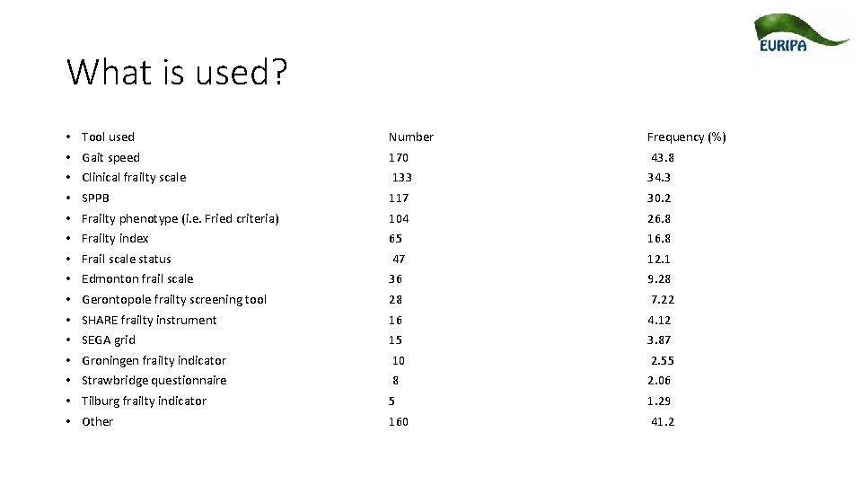 What is used? • • • • Tool used Number Frequency (%) Gait speed