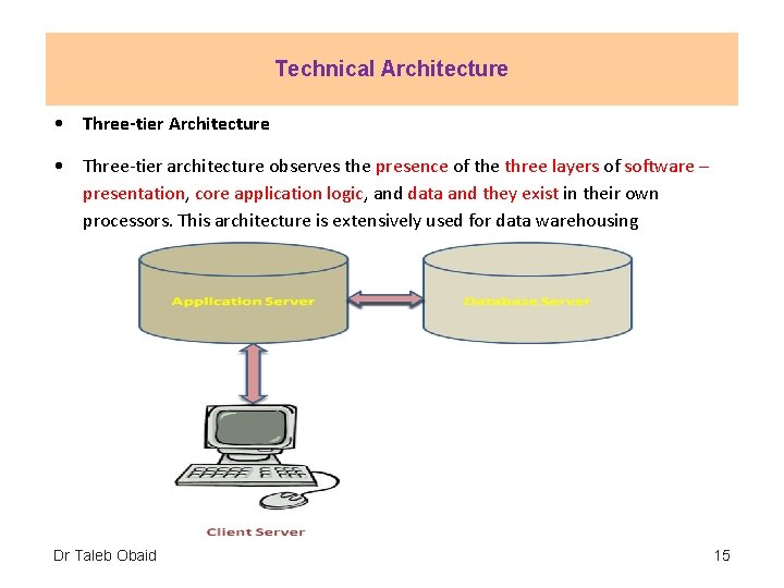 Technical Architecture • Three-tier architecture observes the presence of the three layers of software