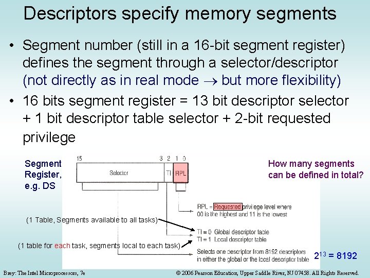 Descriptors specify memory segments • Segment number (still in a 16 -bit segment register) Descriptors specify memory segments • Segment number (still in a 16 -bit segment register)