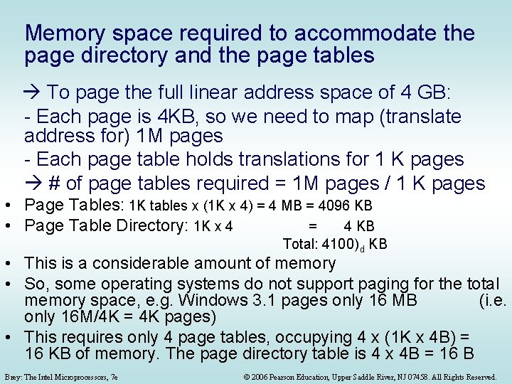 Memory space required to accommodate the page directory and the page tables To page Memory space required to accommodate the page directory and the page tables To page