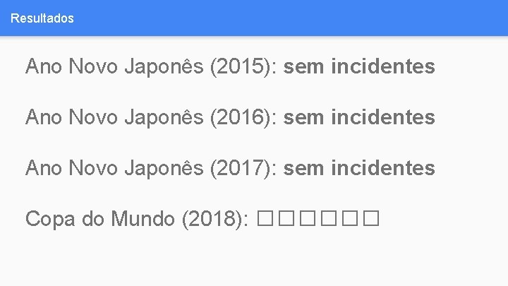 Resultados Ano Novo Japonês (2015): sem incidentes Ano Novo Japonês (2016): sem incidentes Ano