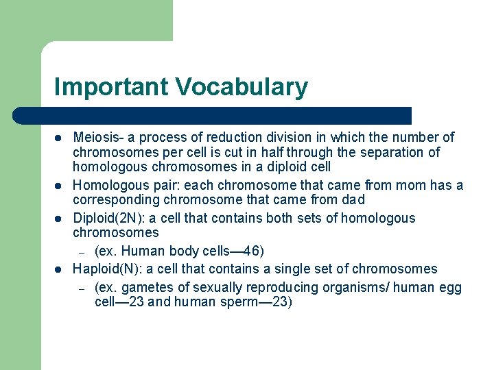 Important Vocabulary l l Meiosis- a process of reduction division in which the number