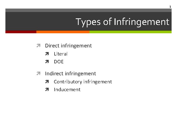 1 Types of Infringement Direct infringement Literal DOE Indirect infringement Contributory infringement Inducement 